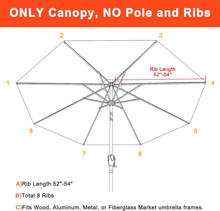 9FT Patio Umbrella Replacement Canopy for 8 Ribs 5-Year-Non-Fading Olefin