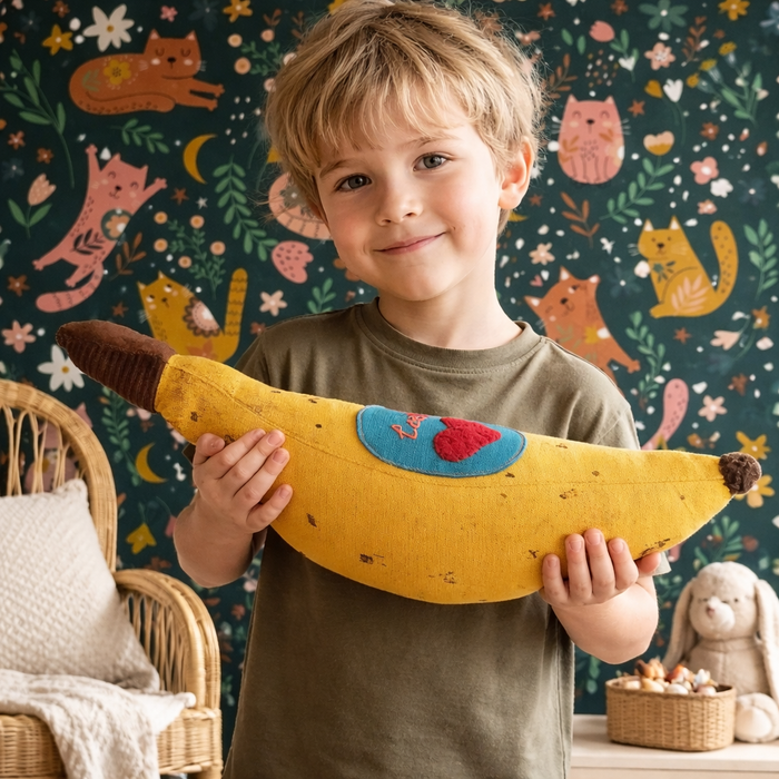 Child holding a plush banana Pillow against a colorful wall with cat illustrations.