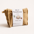 Handmade BLT sandwich play food set in a fabric bag with paper banderole, made from cotton canvas and recycled filling.