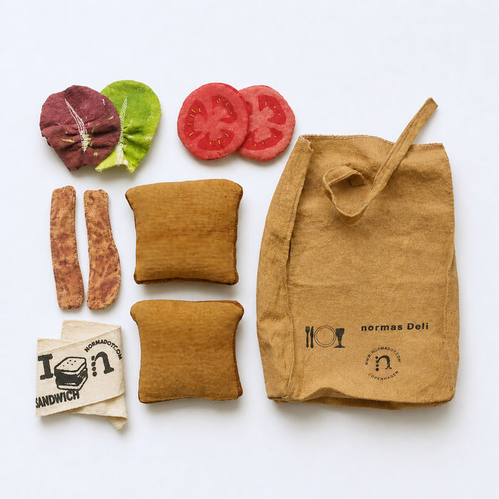 Handmade BLT sandwich play food set with fabric bag, toast slices, bacon, tomato, lettuce and hand-printed cotton banderole.