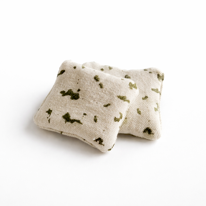 Handmade fabric blue cheese cracker toy set on a white background, featuring two soft textile crackers with green cheese-style print.