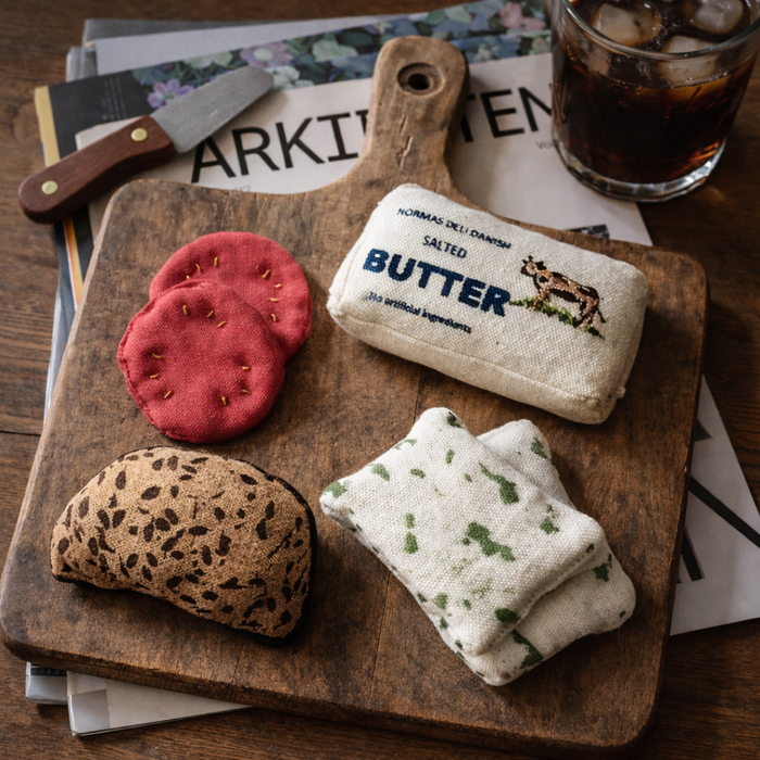Handmade fabric play food set with butter, tomato slices, sesame bread and blue cheese crackers displayed on a wooden cutting board
