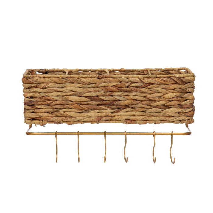CC Household - Hand-woven Straw & Metal Wall Basket with Hooks