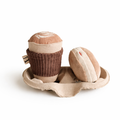 Fabric play food toy cappuccino coffee cup and Berliner on a white background