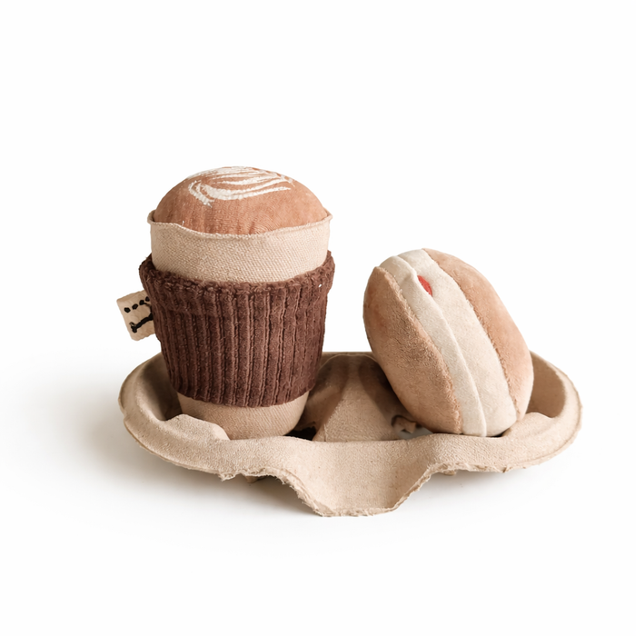 Fabric play food toy cappuccino coffee cup and Berliner on a white background