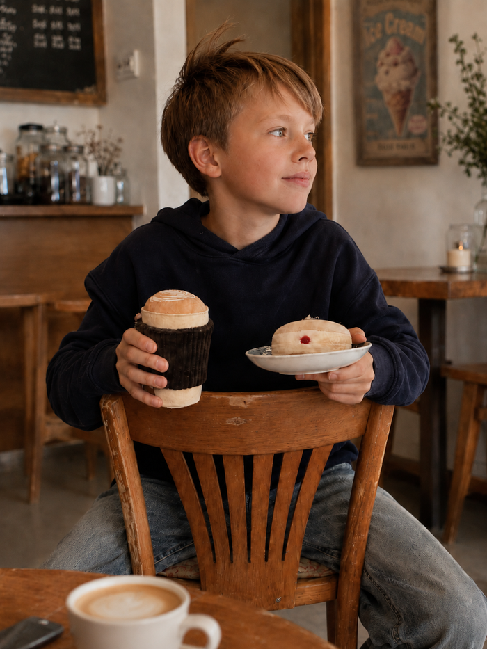 Young boy sitting at a table in a cafe holding a fabric play food cup and a plate with berliner pfannkuchen.