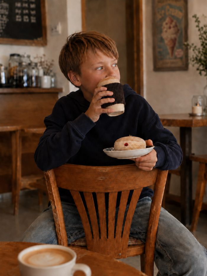 Child sitting at a table in a cafe, holding a fabric berliner pfannkuchen  and a cup of pretend  play coffee.