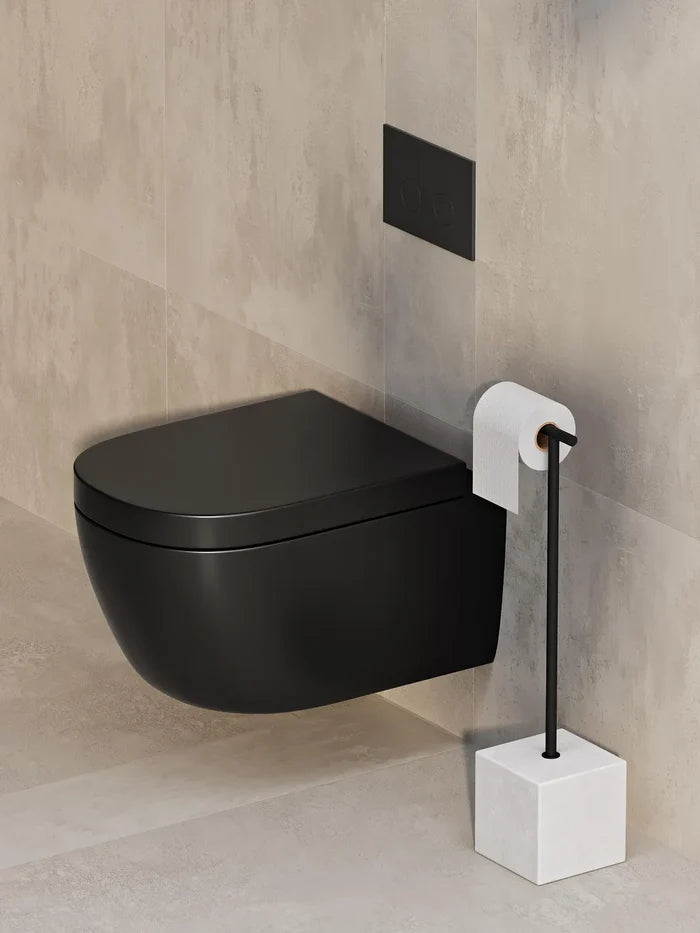Freestanding Black Metal Toilet Paper Holder – Minimalist Bathroom Floor Stand