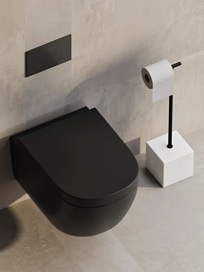 Freestanding Black Metal Toilet Paper Holder – Minimalist Bathroom Floor Stand