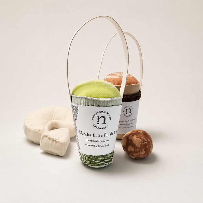 Handmade textile matcha latte plush toy with soft fabric cup, cookie and cheese play food pieces, hand-printed and sewn in Denmark for pretend café play.