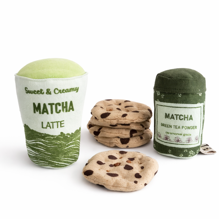 Handmade textile matcha latte play food set with soft fabric cup, matcha tin and cookies, hand-printed and sewn in Denmark for pretend café play.