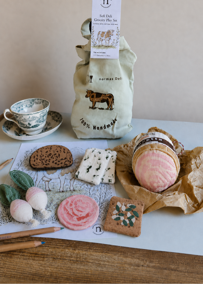 Handmade soft deli grocery play set with embroidered cotton tote bag, fabric pancetta, cow colouring sheet, coloured pencils and vintage teacup.