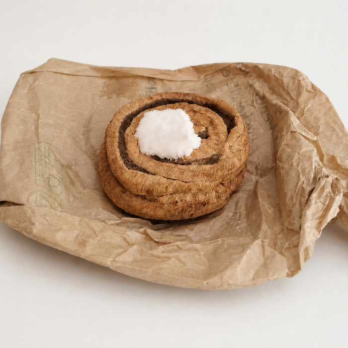 Handmade Danish kanelsnegl fabric play food with velour icing, displayed on recycled brown paper.