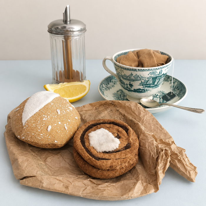 Handmade Danish kanelsnegl fabric play food styled with a fabric bread roll, vintage tea cup, lemon, spoon and cinnamon shaker.