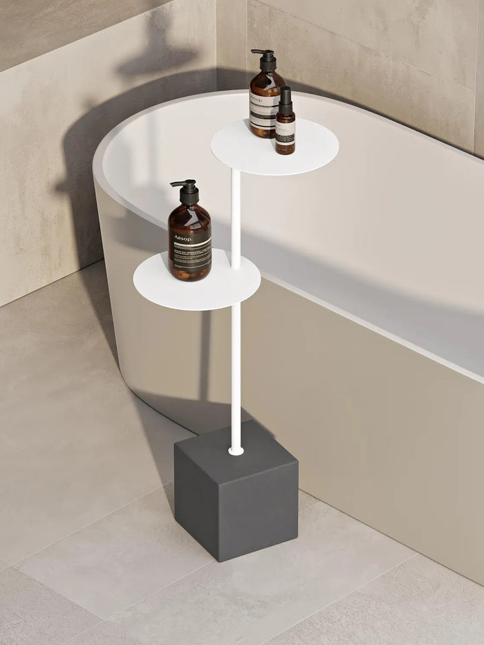 Modern Bathroom Side Table with Concrete Base – Minimalist Steel Shelf Stand for Bathtub & Towels