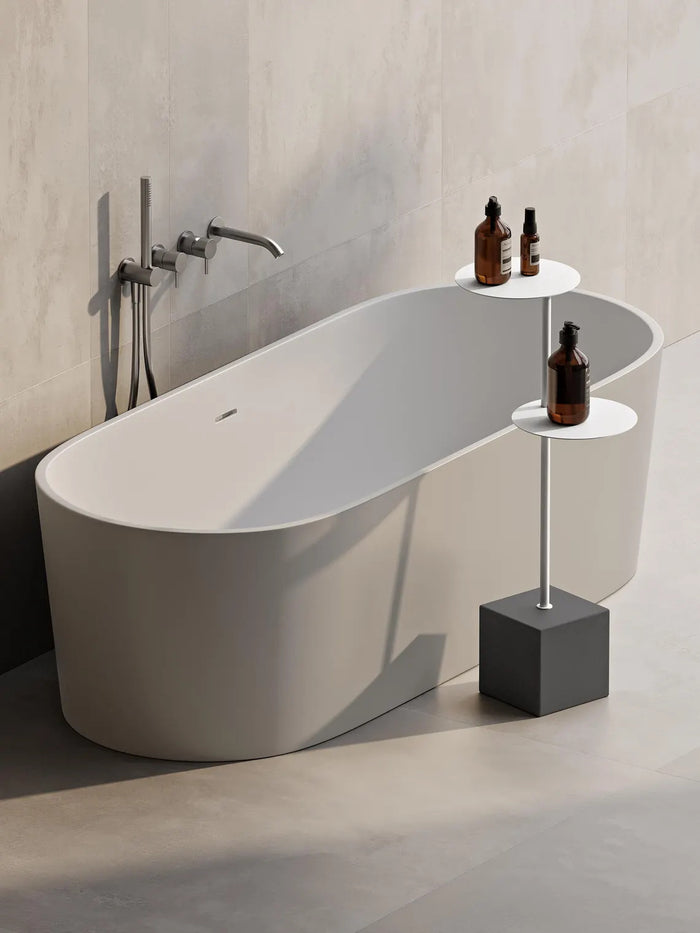 Modern Bathroom Side Table with Concrete Base – Minimalist Steel Shelf Stand for Bathtub & Towels