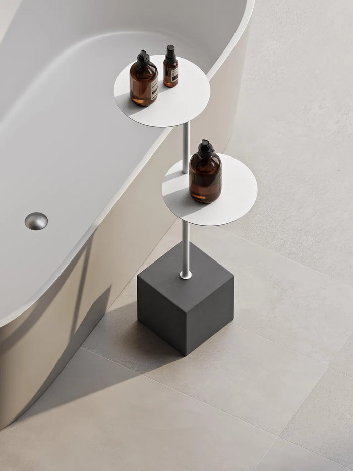 Modern Bathroom Side Table with Concrete Base – Minimalist Steel Shelf Stand for Bathtub & Towels