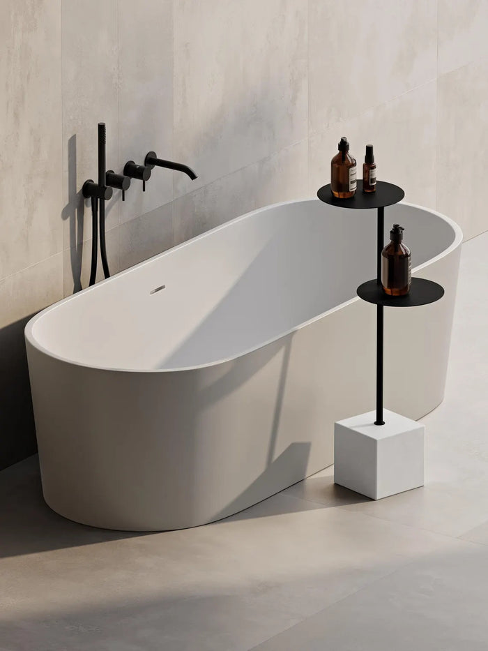 Modern Bathroom Side Table with Concrete Base – Minimalist Steel Shelf Stand for Bathtub & Towels