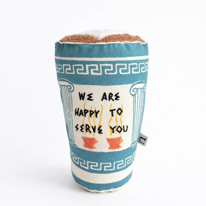 Fabric coffee cup Pillow with decorative pattern and text on a white background