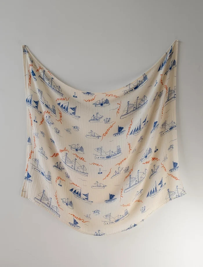 OHOY MUSLIN SHAWL, BLUE/WHITE
