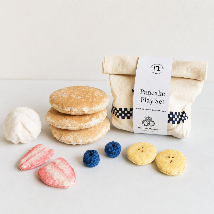 Handmade pancake play food set with soft fabric pancakes, cotton bakery bag, whipped cream, strawberry, banana and blueberry toppings for pretend play kitchens