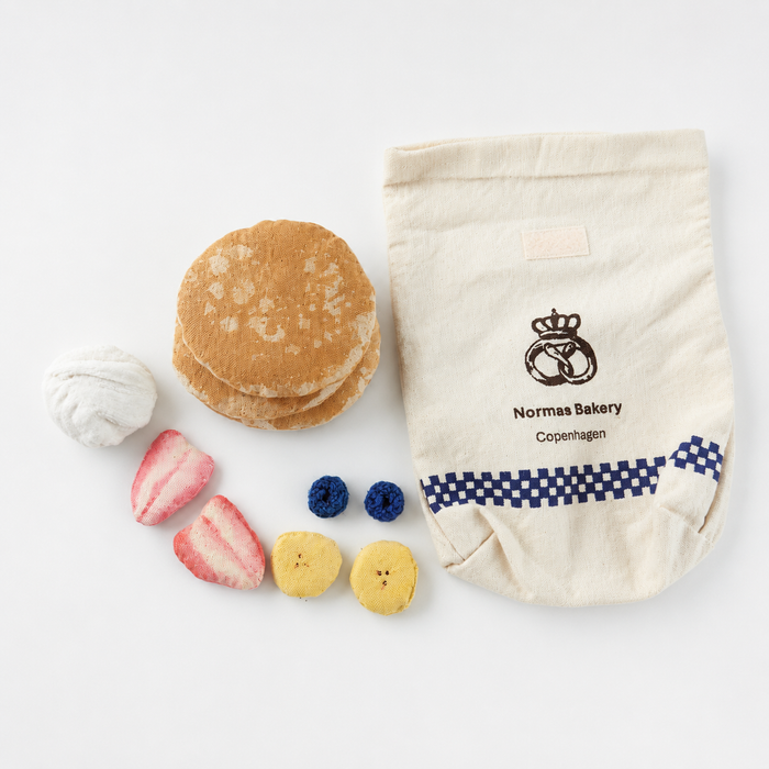 Handmade pancake play food set with soft fabric pancakes, cotton bakery bag, whipped cream and fruit toppings for pretend play kitchens
