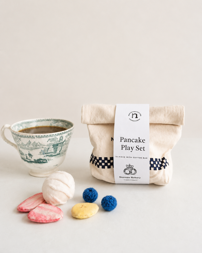 Handmade pancake play food set with soft fabric pancakes, cotton bag, toy cup, whipped cream and fruit toppings for pretend play kitchens