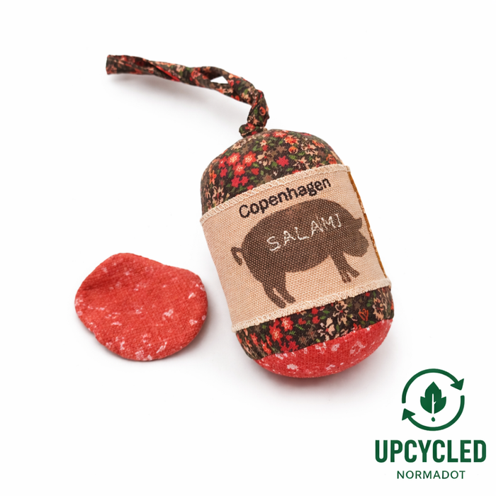 Handmade fabric salami toy with slice, made from upcycled textiles by normadot