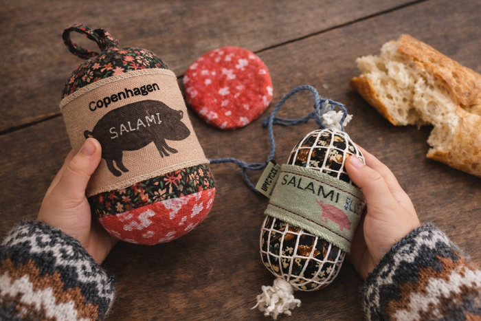 Handmade fabric salami toys with slices styled on a wooden table for pretend play