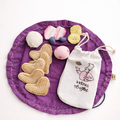 Purple mat with heart-shaped waffles, ice cream and fruit pretend play fabric toys  on a white background