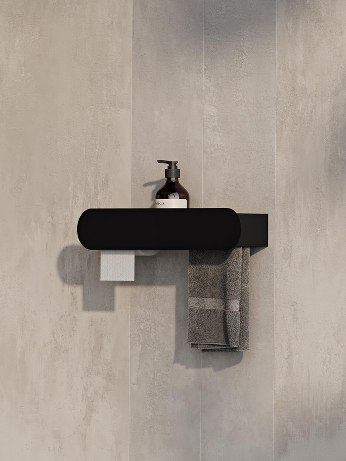 Wall Mounted Bathroom Shelf with Toilet Paper Holder – Matte Black Towel Rack
