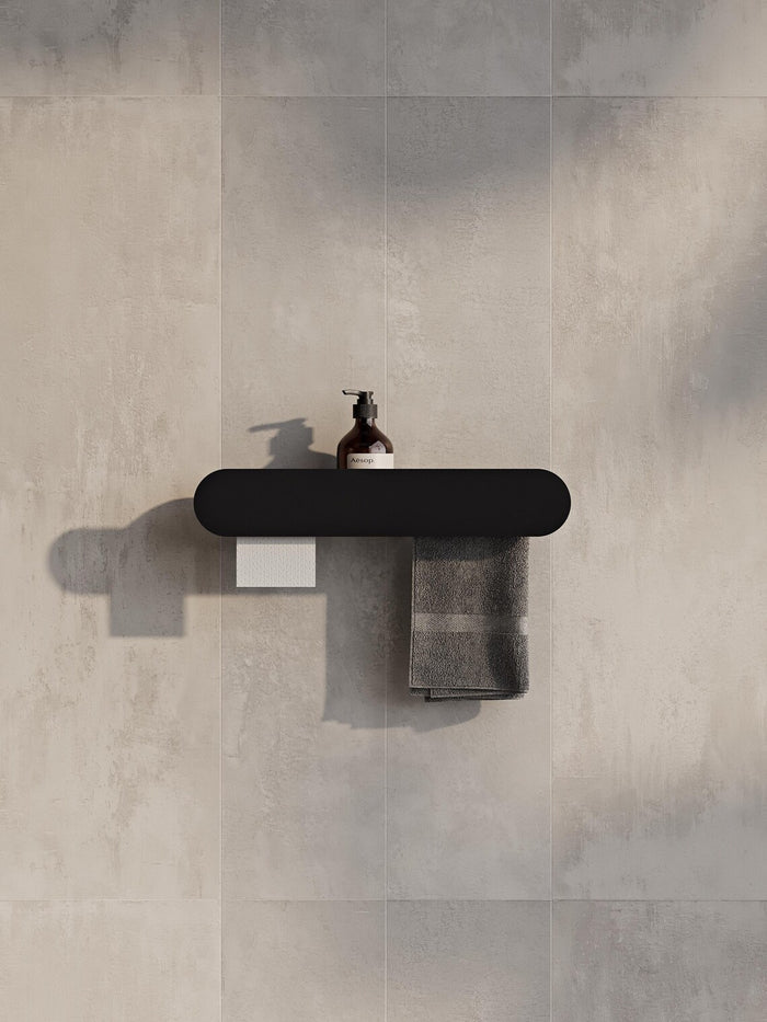 Wall Mounted Bathroom Shelf with Toilet Paper Holder – Matte Black Towel Rack