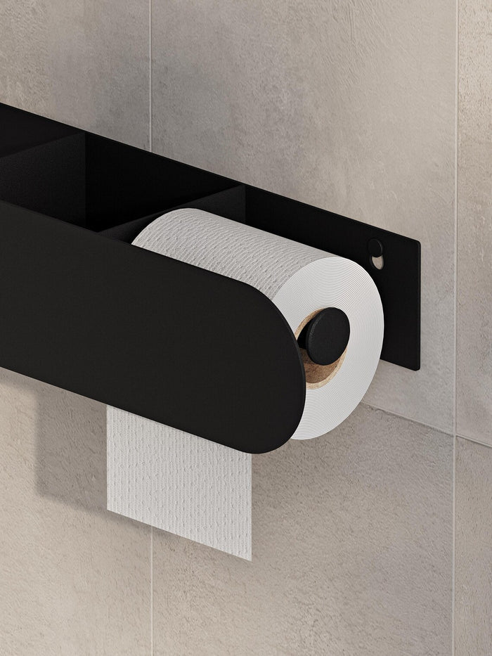 Wall Mounted Bathroom Shelf with Toilet Paper Holder – Matte Black Towel Rack