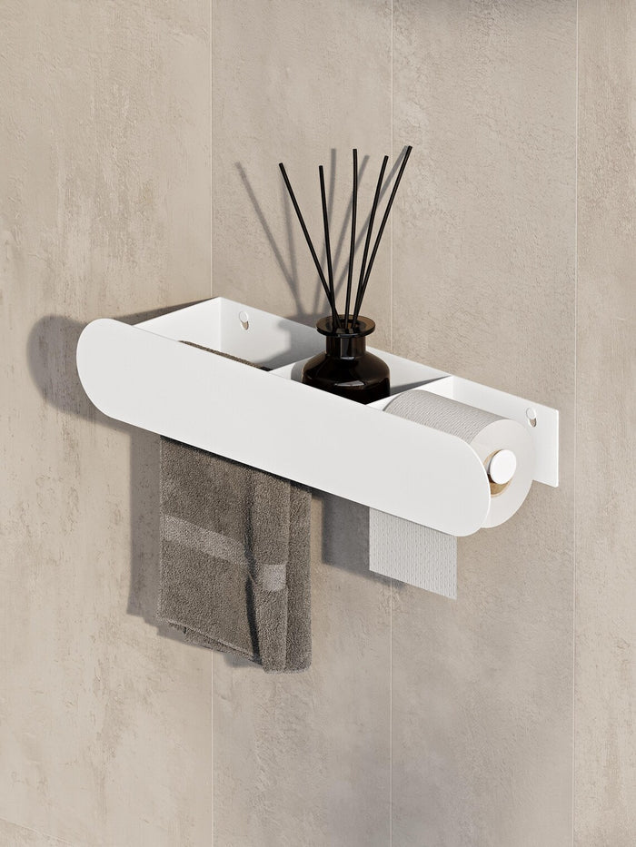 Wall Mounted Bathroom Shelf with Toilet Paper Holder – Matte Black Towel Rack