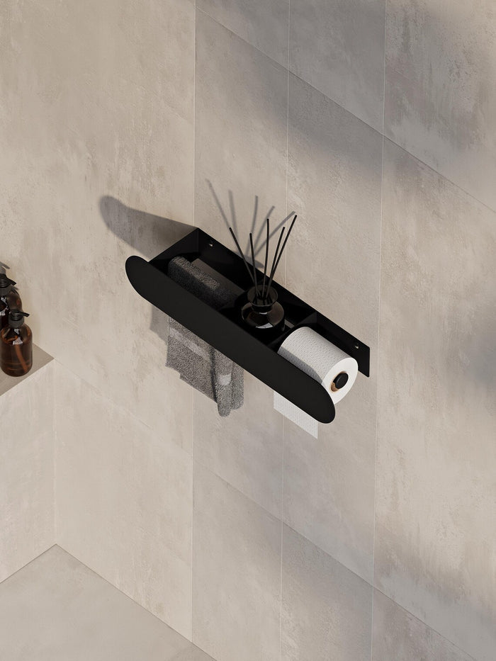 Wall Mounted Bathroom Shelf with Toilet Paper Holder – Matte Black Towel Rack